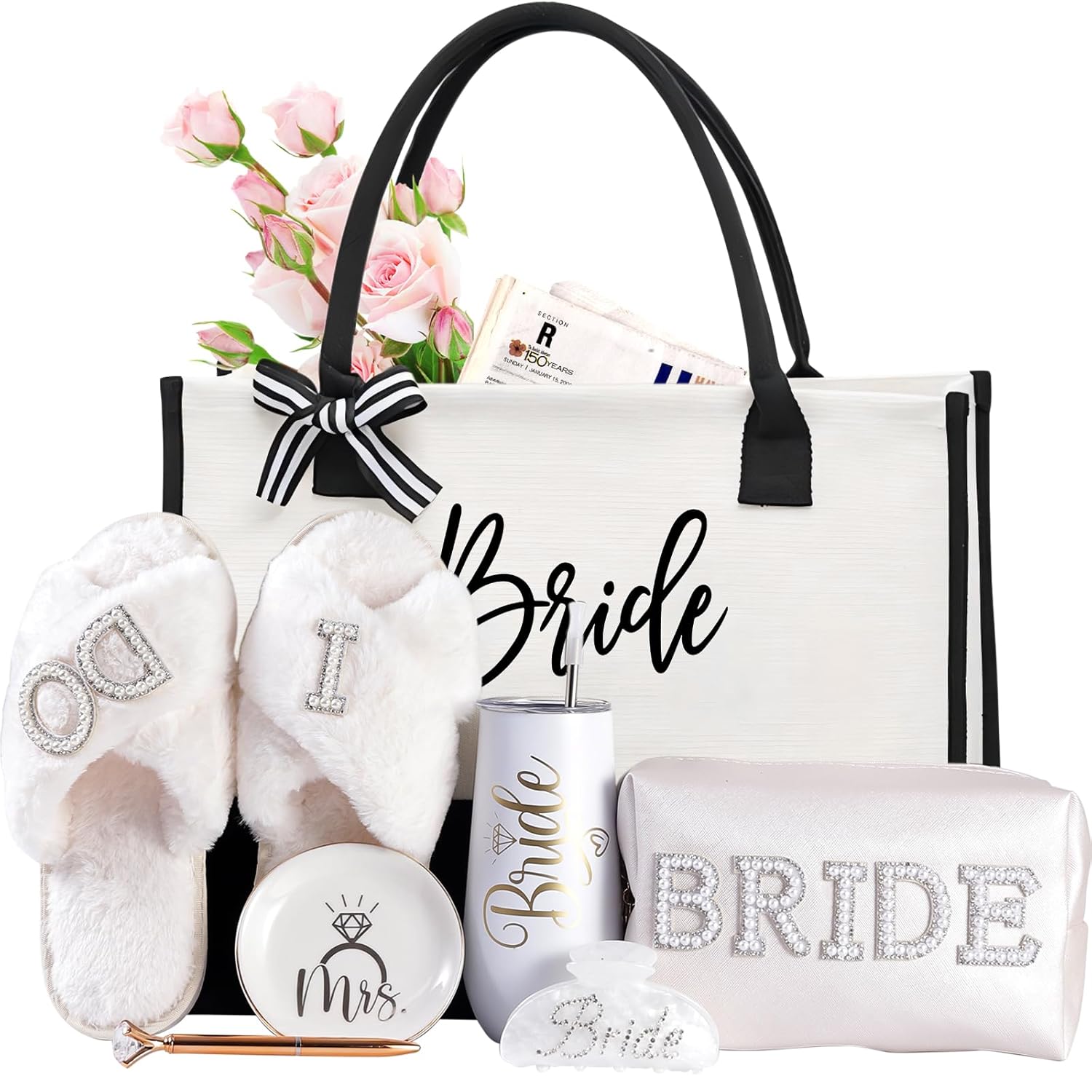 Bridal Shower Gifts7-Piece Birde Gift Set with Tumbler, Tote, Slippers, Makeup Bag & More-Gift for Bride to be Bachelorette Gifts for Her-Bridal Shower Decorations