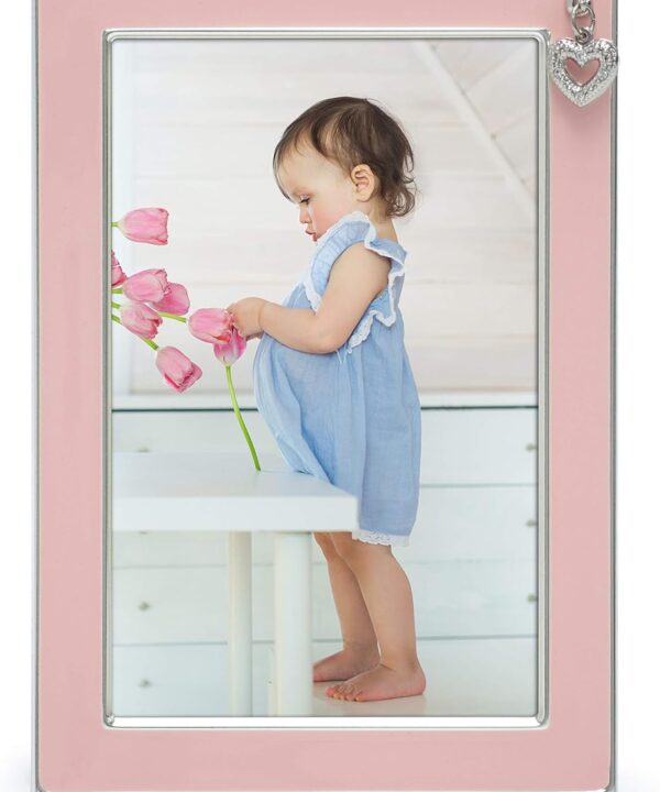 MIMOSA MOMENTS Silver Plated Metal Baby Picture Frame with Pink Enamel and a Heart Charm (4x6", Silver & Pink)