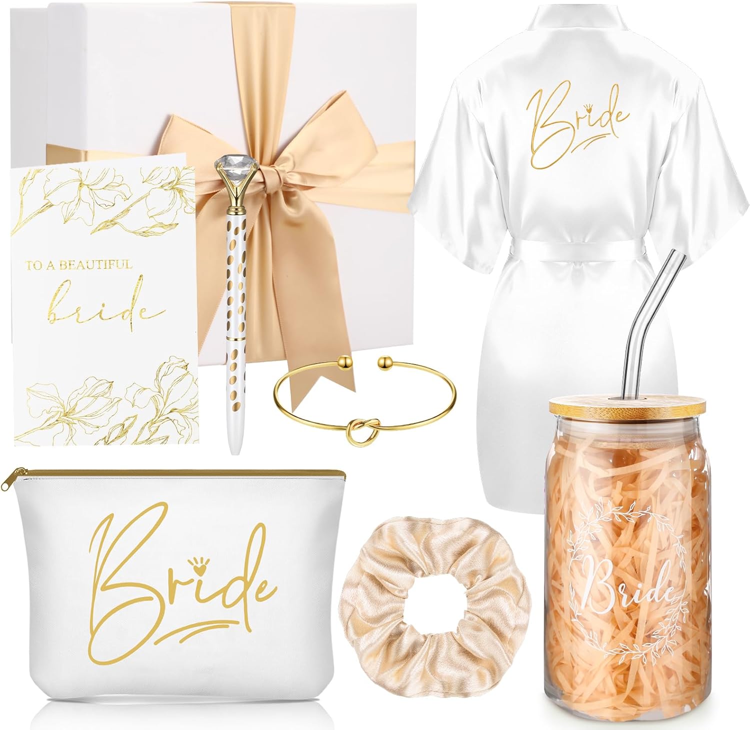 Irenare 8 Pcs Bride Gifts Set for Bridal Shower Bachelorette Party Robe Cup Makeup Bag Bracelet Scrunchies Card Pen Gift Box(White)