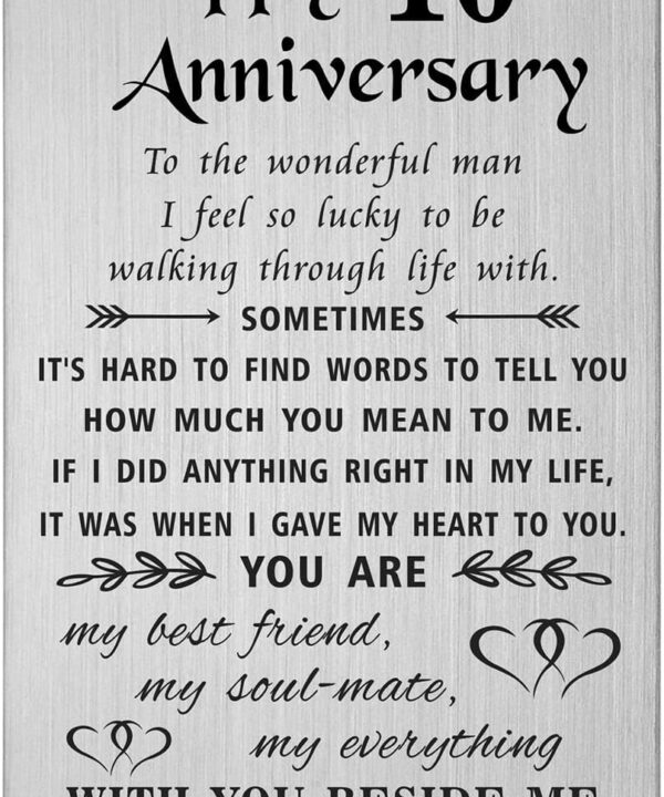 TANWIH 10 Year Anniversary Card Gifts for Him, Happy 10th Anniversary Card for Husband, Tin 10 Year Wedding Gifts for Men, Engraved Metal Wallet Insert