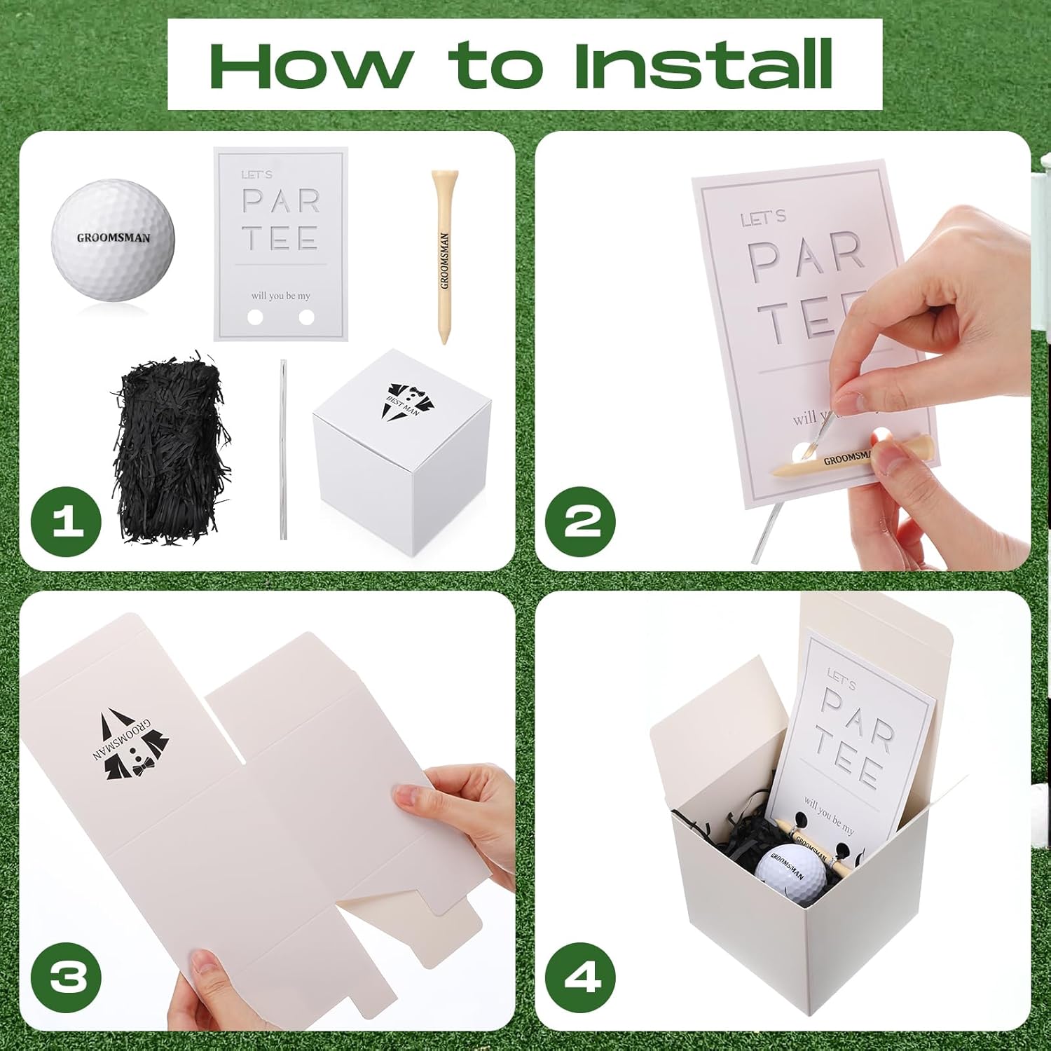 6 Sets Groomsman Proposal Gift Box With Golf Ball, Bamboo Tees, Invitation Cards – Accessories for Wedding, Best Men, DIY – Black, White