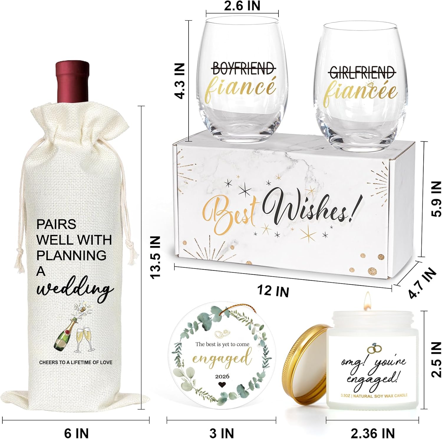 Engagement Gifts For Couples, Newly Engaged Fiance Gifts For Her Him Women Men, Future Mrs Just Enagaed Wine Glasses Bag Set With Candle And Ornament, Cool Wedding Party Decorations for Bride To Be