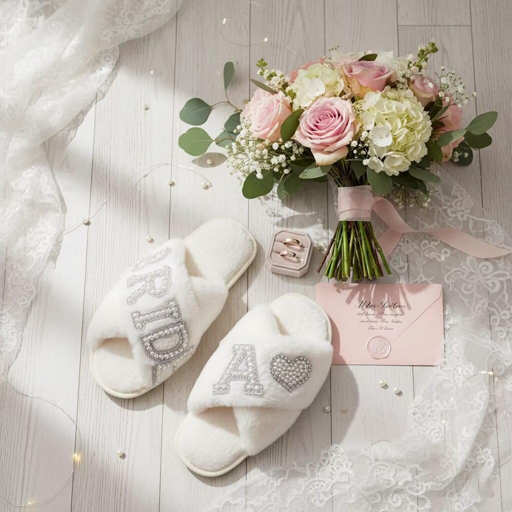 MAIITRIP Personalized Bride Slippers for Bride to Be | Plush,Non-Slip & Custom Initial A-Z with Pearl Rhinestones | Personalized Gift for Bridal Shower,Bachelorette,Honeymoon & Wedding