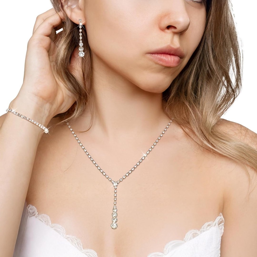 Gold Wedding Jewelry Sets for Women Gold Rhinestone Necklace Earrings Bracelet Bridesmaid Bridal Necklace for Wedding Costume Accessories for Women