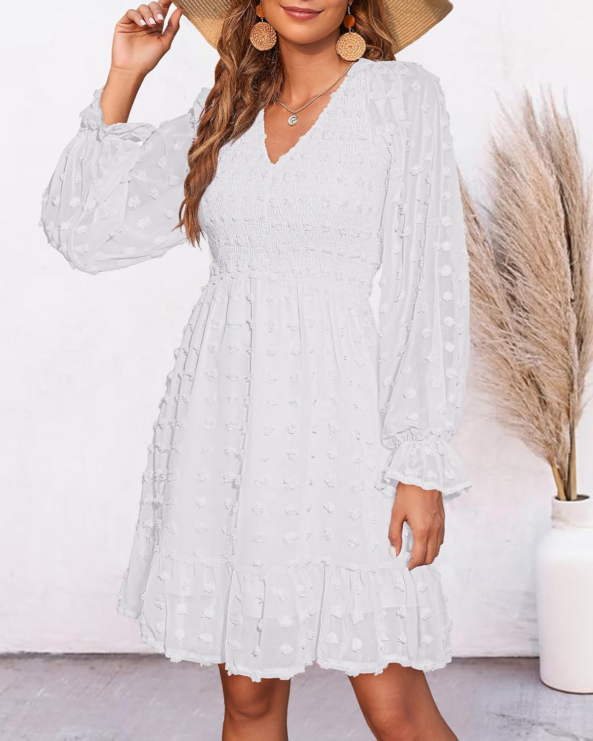 BTFBM Spring Dresses for Women 2026 Long Sleeve Casual V Neck Swiss Dot Smocked Ruffle Chiffon Flowy Mini Summer Dress