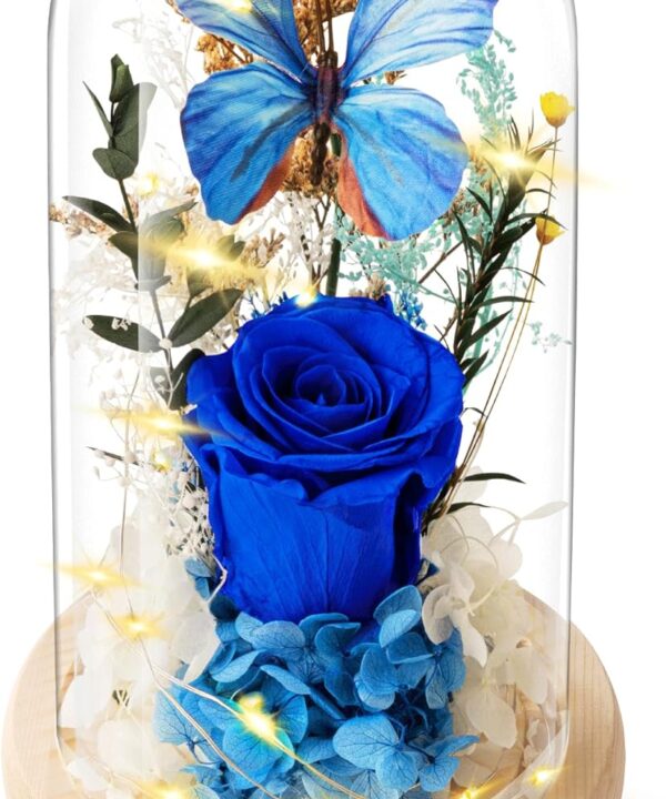 Forever Flowers Preserved Roses with Light in Glass Dome, Romantic Gifts for Mom Wife Girlfriend Grandma, Blue Flower for Christmas, Valentine's Day, Anniversary, Birthday.Prime Delivery