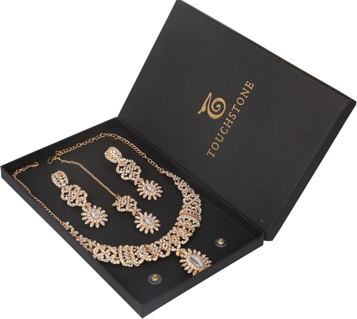 Touchstone Indian jewelry sets for women wedding gold kundan necklace traditional earrings tikka bollywood party style white crystal rhinestone guest gift bridal costume prom dainty accessories