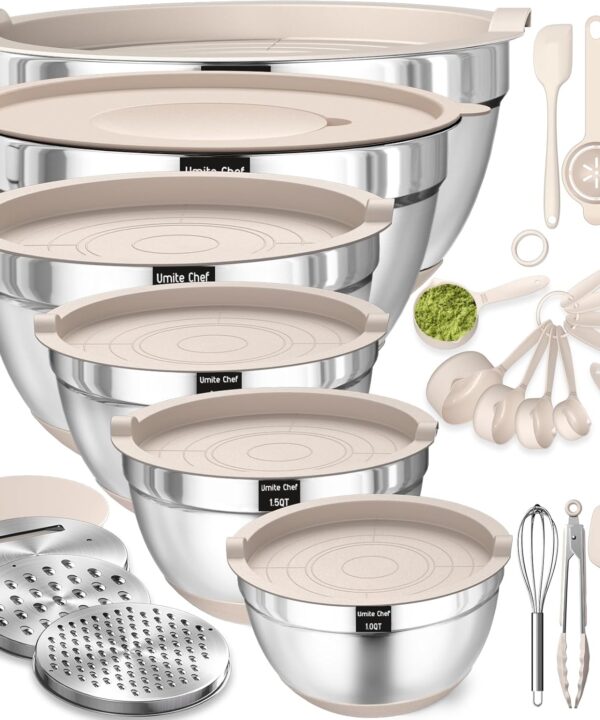 Mixing Bowls with Airtight Lids Set, 26PCS Stainless Steel Khaki Bowls with Grater Attachments, Non-Slip Bottoms & Kitchen Gadgets Set, Size 7, 4, 2.5, 2.0,1.5, 1QT, Great for Mixing & Serving