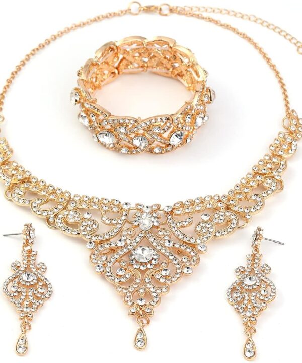 Hapibuy Crystal Wedding Jewelry Set Necklace Earring Set For Women and Brides Rose Gold and Silver Bridal Statement Jewelry sets