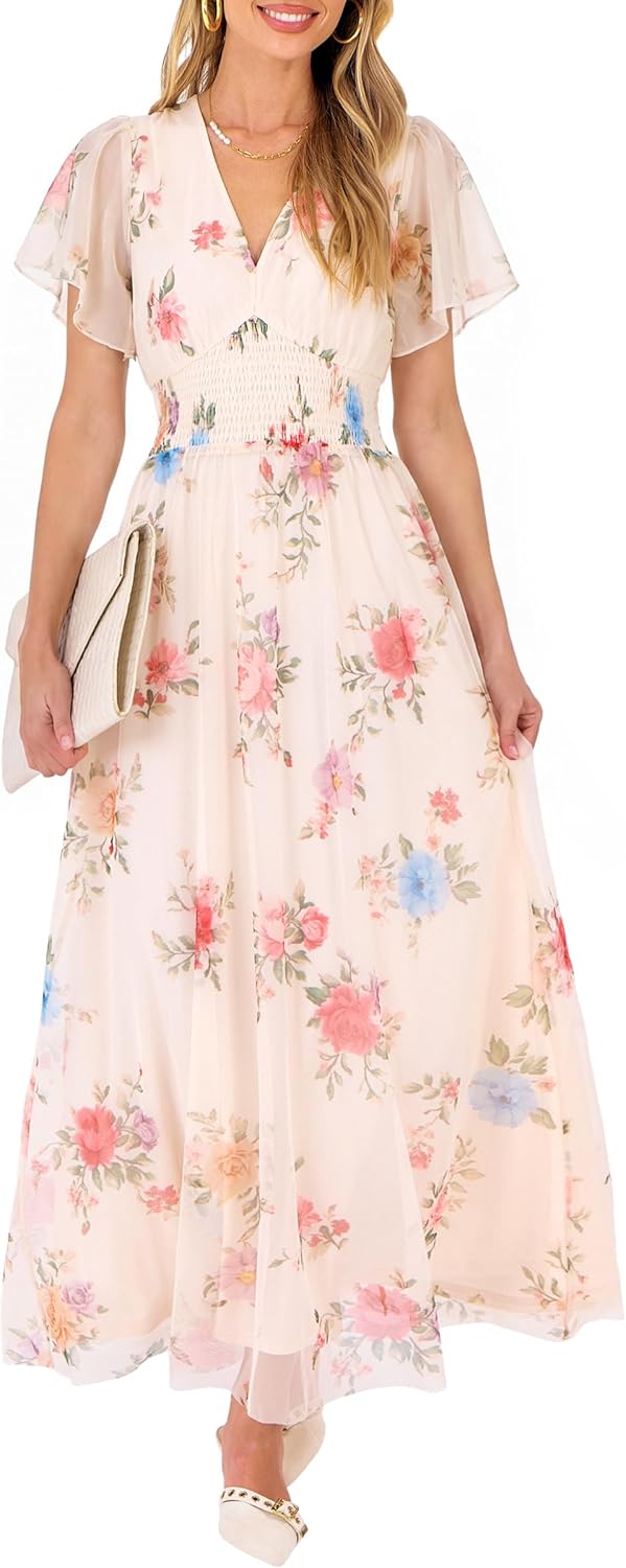 ANRABESS Women Summer Floral Maxi Dress Short Sleeve Boho Flowy Tulle Beach Vacation Wedding Guest 2026 Party Long Dresses