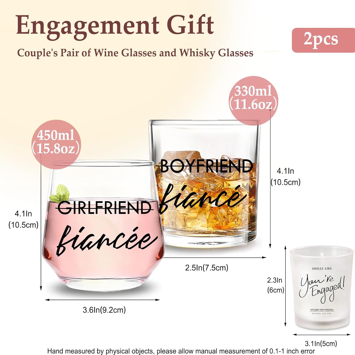 Engagement Gifts for Couples, 10 oz Whiskey and 12 oz Wine Glass Set, Newly Engaged Fiancee & Fiance Gifts for Women, Fade-Resistant, Beautiful Packaging, Proposal Decorations & She Said Yes Present