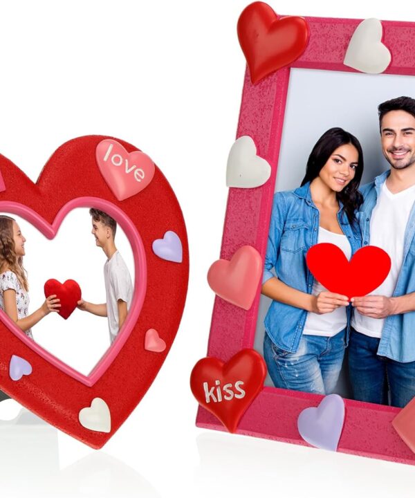 Eersida 2 Pcs Valentine's Day Heart Shaped Picture Frame 4'' x 4'', Kiss Love Picture Frame 4'' x 6'' Resin Couples Picture Frame Hot Pink Red Heart for Wedding Birthday Women Lovers Couple Gifts