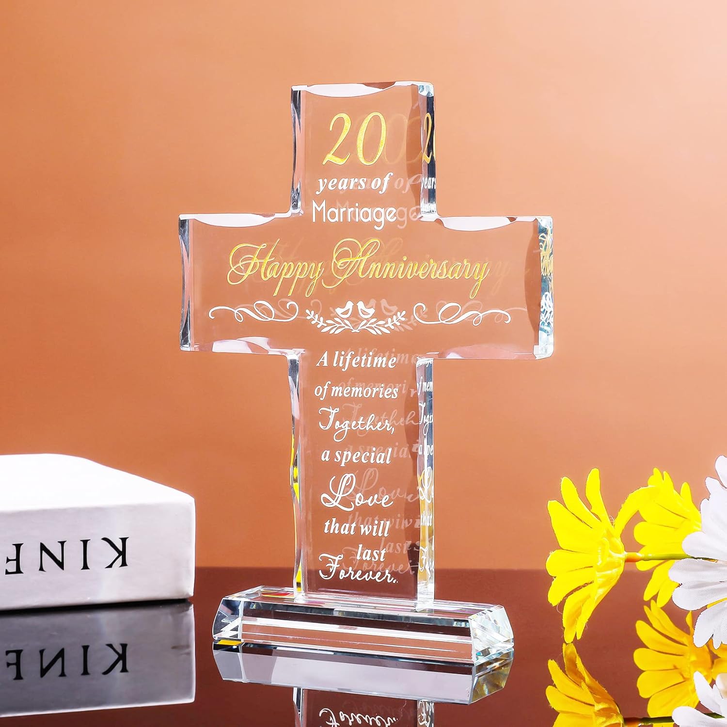 YWHL 20th Anniversary Religious Gifts for Couple, Laser Engraved Glass Standing Cross Keepsake for Him, 20 Years Wedding Anniversary Cross Gifts for Her
