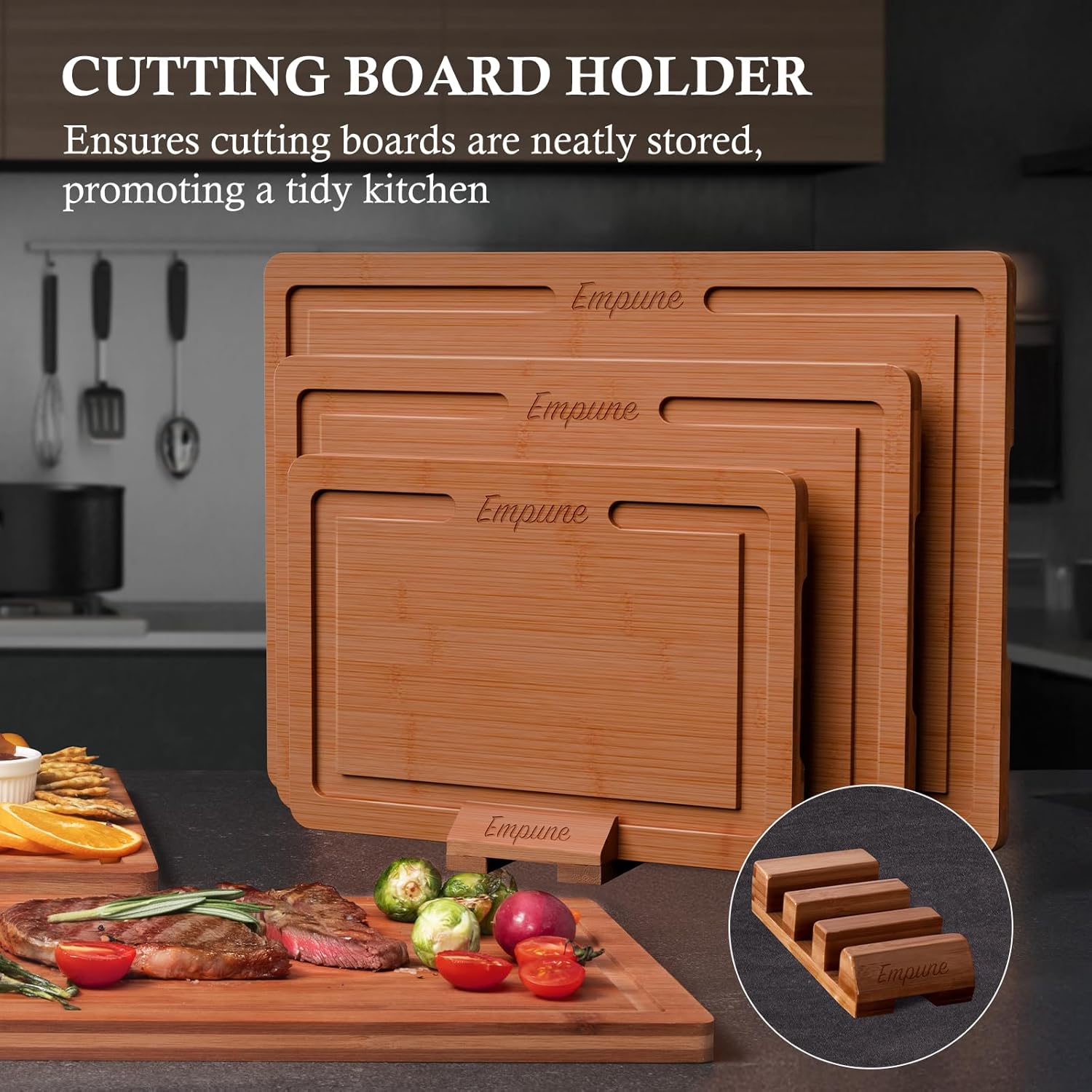 Empune Bamboo Cutting Board Set, Wood Cutting Boards for Kitchen with Holder Wooden Chopping Board for Meal Prep & Serving, Brown