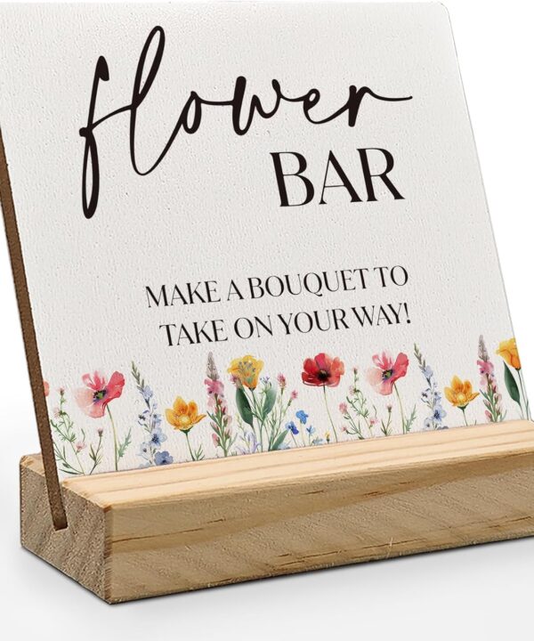 ANlANG Flower Bar Sign 4X4 inch, Flower Bar Desk Decor, Bridal Shower Sign Wood Plaque, Wedding flowers, WeddingAccessories for Reception Wooden Plaque Sign for WeddingReception Table Decor