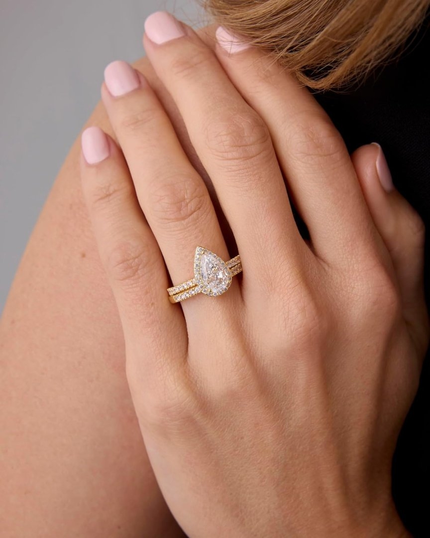 PAVOI 14K Gold Plated 1.7CT Pear Cubic Zirconia Eternity Engagement Ring Promise Ring Set for Women – Hidden Halo