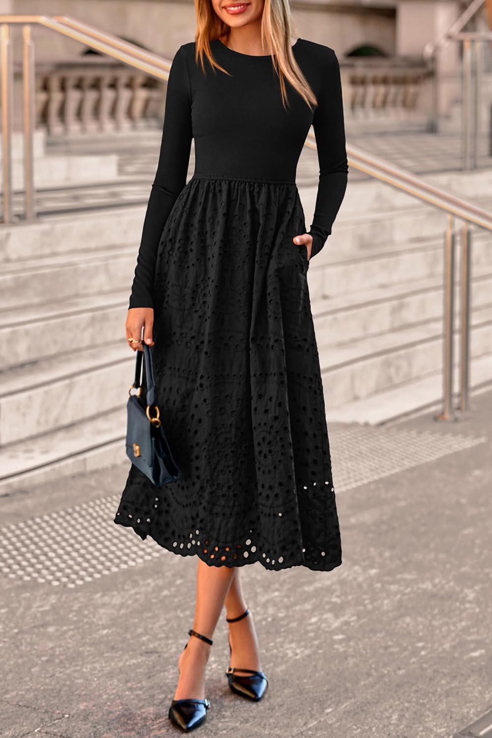 dowerme Women Spring Dresses 2026 Casual Long Sleeve Crewneck A-Line Boho Eyelet Cotton Maxi Wedding Guest Dress Pockets