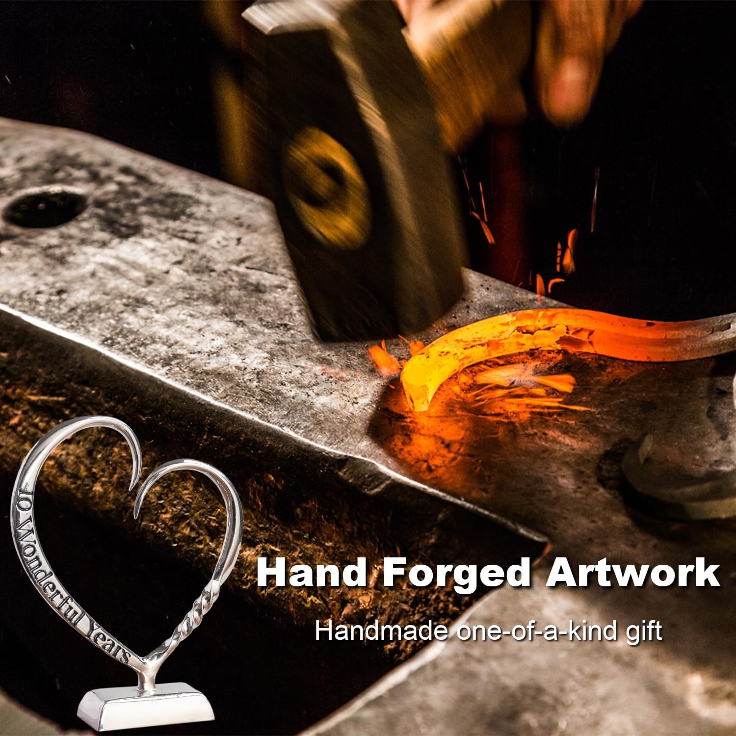 10 Year Anniversary Tin Gifts for Her Him Gift 10th Wedding Anniversary for Couples Wife Husband Men, Hand Forged Tin Aluminum Heart Art Keepsake Home Decor Artwork