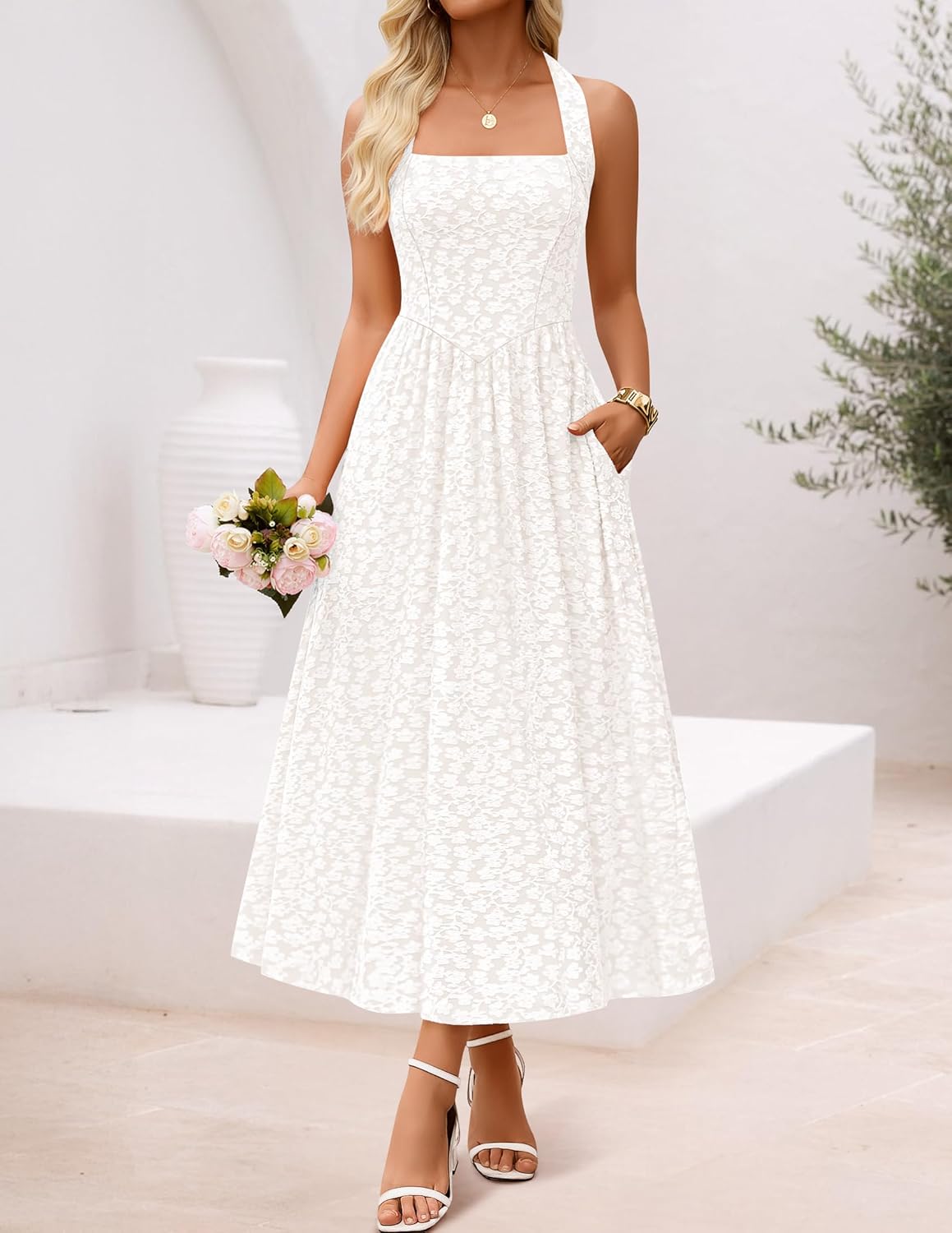 ZESICA Womens Summer Sleeveless Floral Midi Dresses 2026 Halter Neck Wedding Guest Cocktail Party Flowy A Line Long Dress