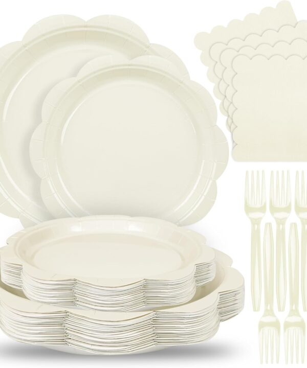 96 Pcs Ivory Paper Plates and Napkins Set Party Supplies, Tableware set for 24 Guest include Disposable Ivory Scalloped Plates, Napkins and Forks for Baby Shower Bridal Shower Wedding