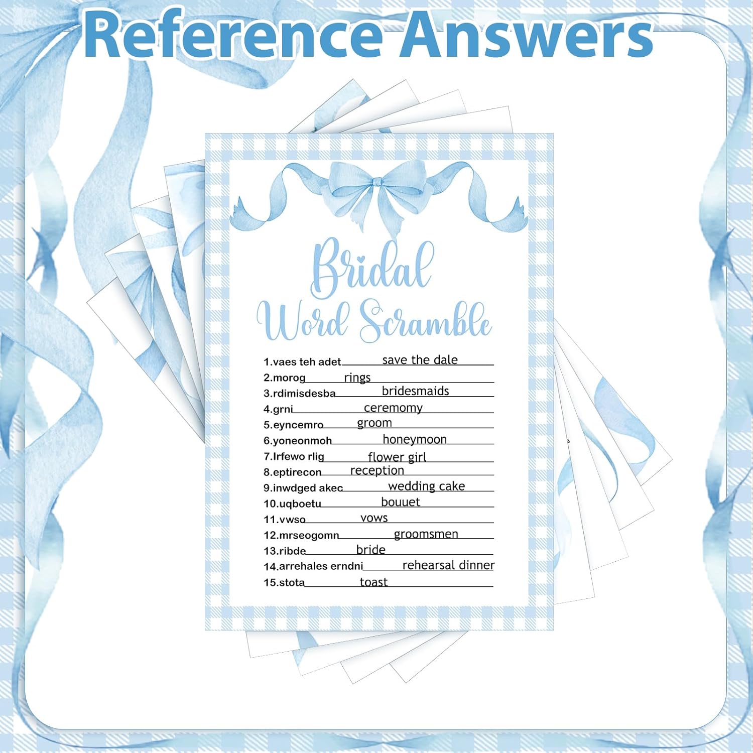 Estune 331 Pcs Bridal Shower Games Supplies, 5 Sets 250 Pcs Wedding Cards 1 Bridal Shower Games with 60 Rings and 20 Pencils (Blue Bow)