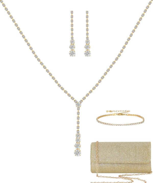 Silver Prom Jewelry Set for Women Rhinestone Necklace Dangle Earrings Bracelet Clutch Purse Silver Accessories Bride Bridesmaid Crystal Bridal Jewelry for Wedding Engagement Party Prom Accessories