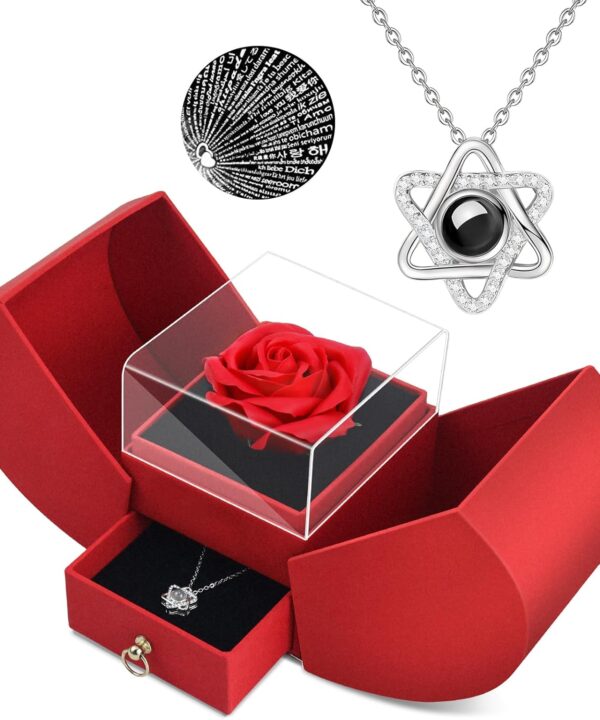 QETRABONE Preserved Red Real Rose Necklace 'I Love You' in 100 Languages - Eternal Flowers Rose, Birthday Gifts for Women Her Mom Wife Girlfriend Grandma on Mothers Valentines Christmas Anniversary