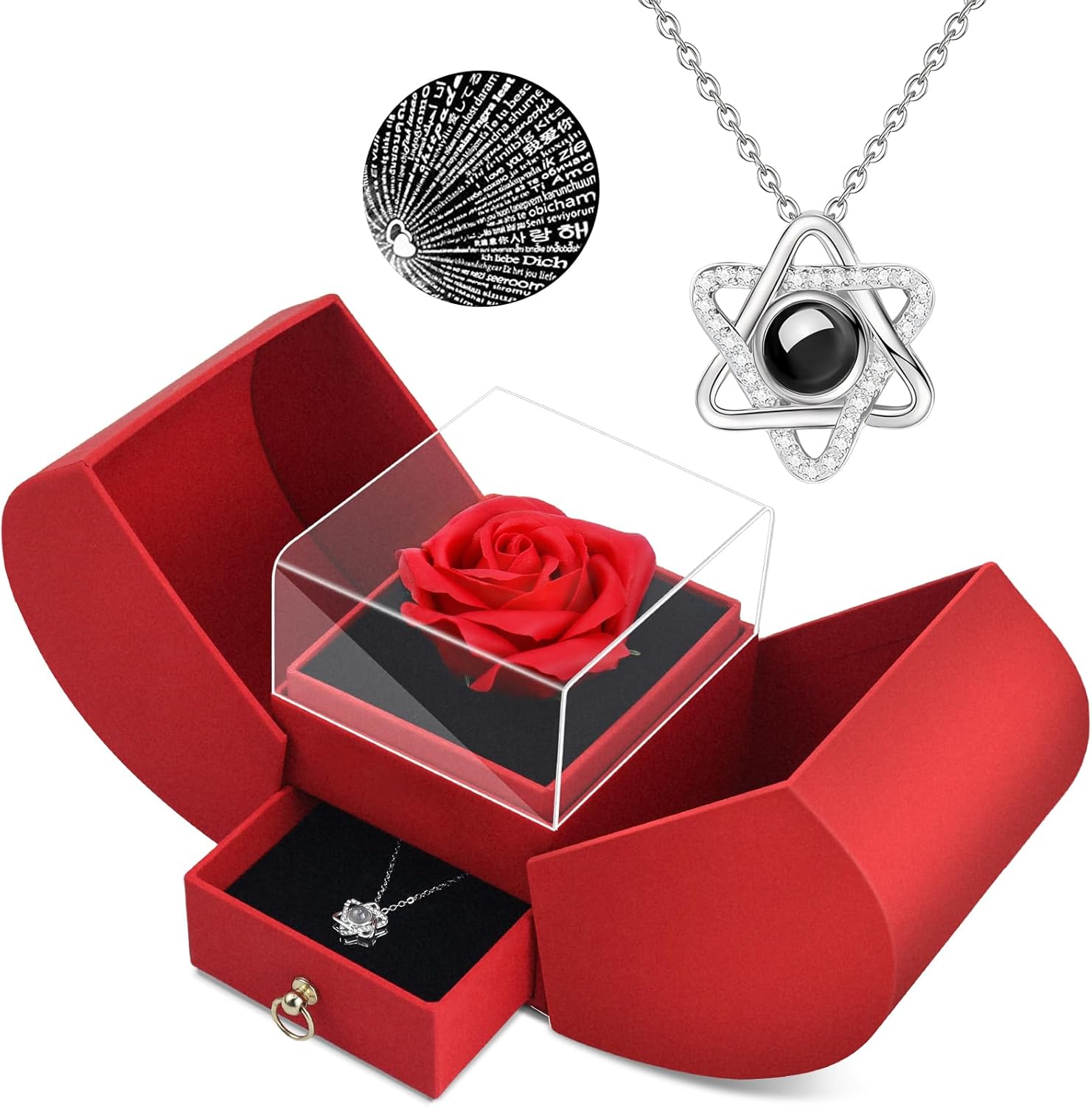 QETRABONE Preserved Red Real Rose Necklace 'I Love You' in 100 Languages - Eternal Flowers Rose, Birthday Gifts for Women Her Mom Wife Girlfriend Grandma on Mothers Valentines Christmas Anniversary