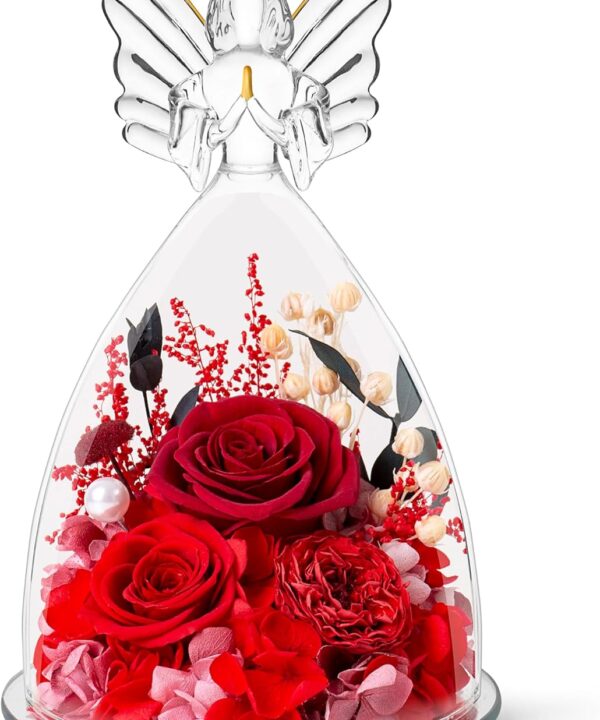 RoseValley Angel Roses Gifts for Mom,Preserved Real Flowers Roses in Glass Angel Figurines,Christmas Birthday Gifts for Grandma Women Mom Wife Mother in Law/Red