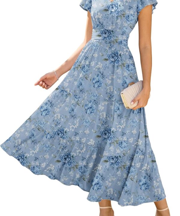 GRACE KARIN 2026 Women Summer Dress,Maxi Short Sleeve Floral Dresses,Semi Formal Flowy Wedding Guest Dress with Pocket