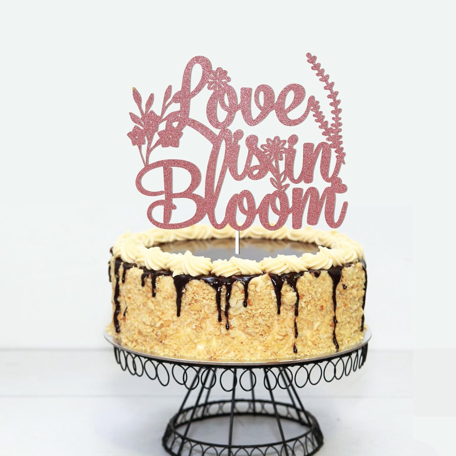 Love is in Bloom Cake Topper – Floral Bridal Shower Decor, Wildflower Themed Bridal Shower Engagement Wedding Party Decorations Rose Gold Glitter