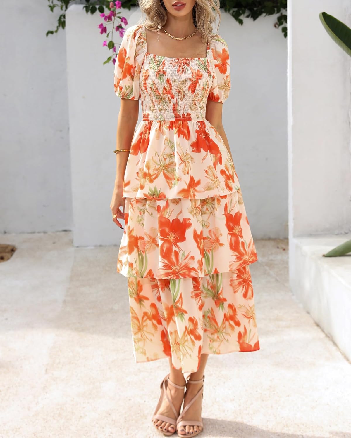 BTFBM Womens Square Neck Smocked Dress Summer Puff Short Sleeve Floral Casual Ruffle Tiered Maxi Wedding Guest Dresses