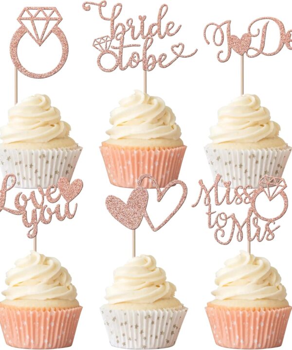 Rsstarxi 24 Pack Bride to Be Cupcake Toppers Glitter I Do Love You Heart Ring Miss To Mrs Cupcake Picks Bridal Shower Cake Decorations for Wedding Engagement Bachelorette Supplies Rose Gold