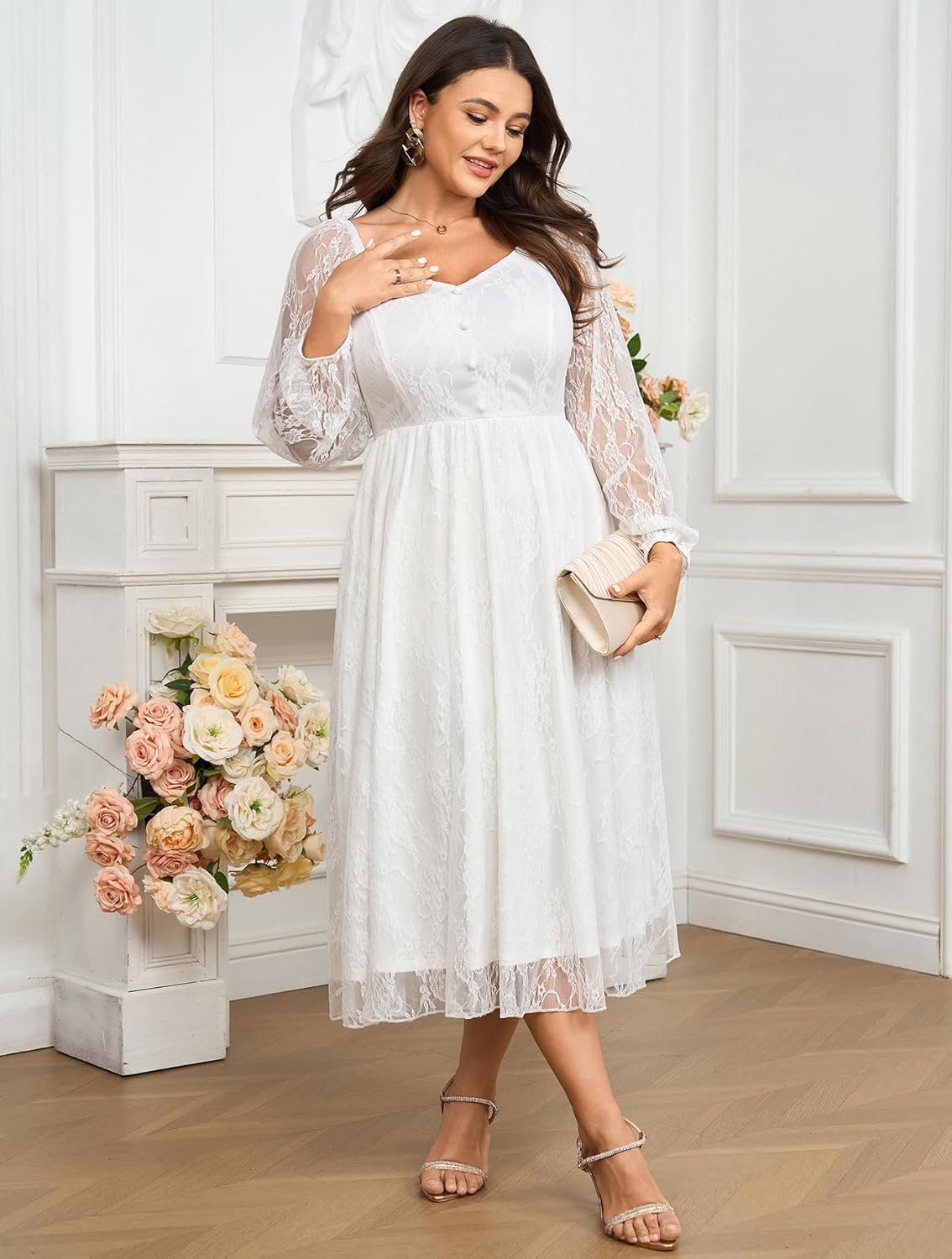 SCOMCHIC Womens Plus Size Cocktail Dress Wedding Guest Lace Long Sleeve Formal Party Maxi Dresses