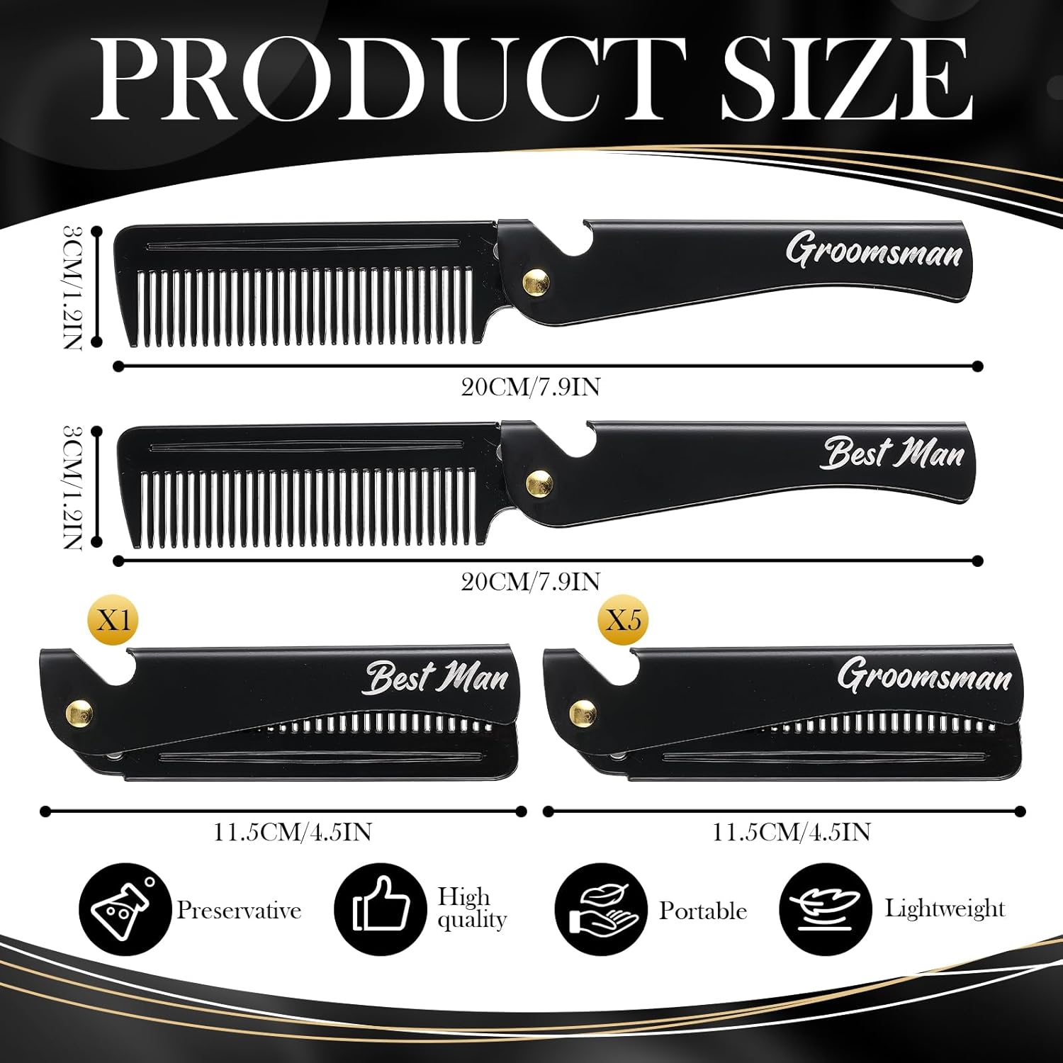 6 Pcs Groomsmen Gifts Folding Beard Comb for Men with Opener Groomsmen Gift Set of 6 Best Man Proposal Gift Combs Hair Mustache for Wedding Party Favor Grooming Detangling(Stainless Steel,Black)