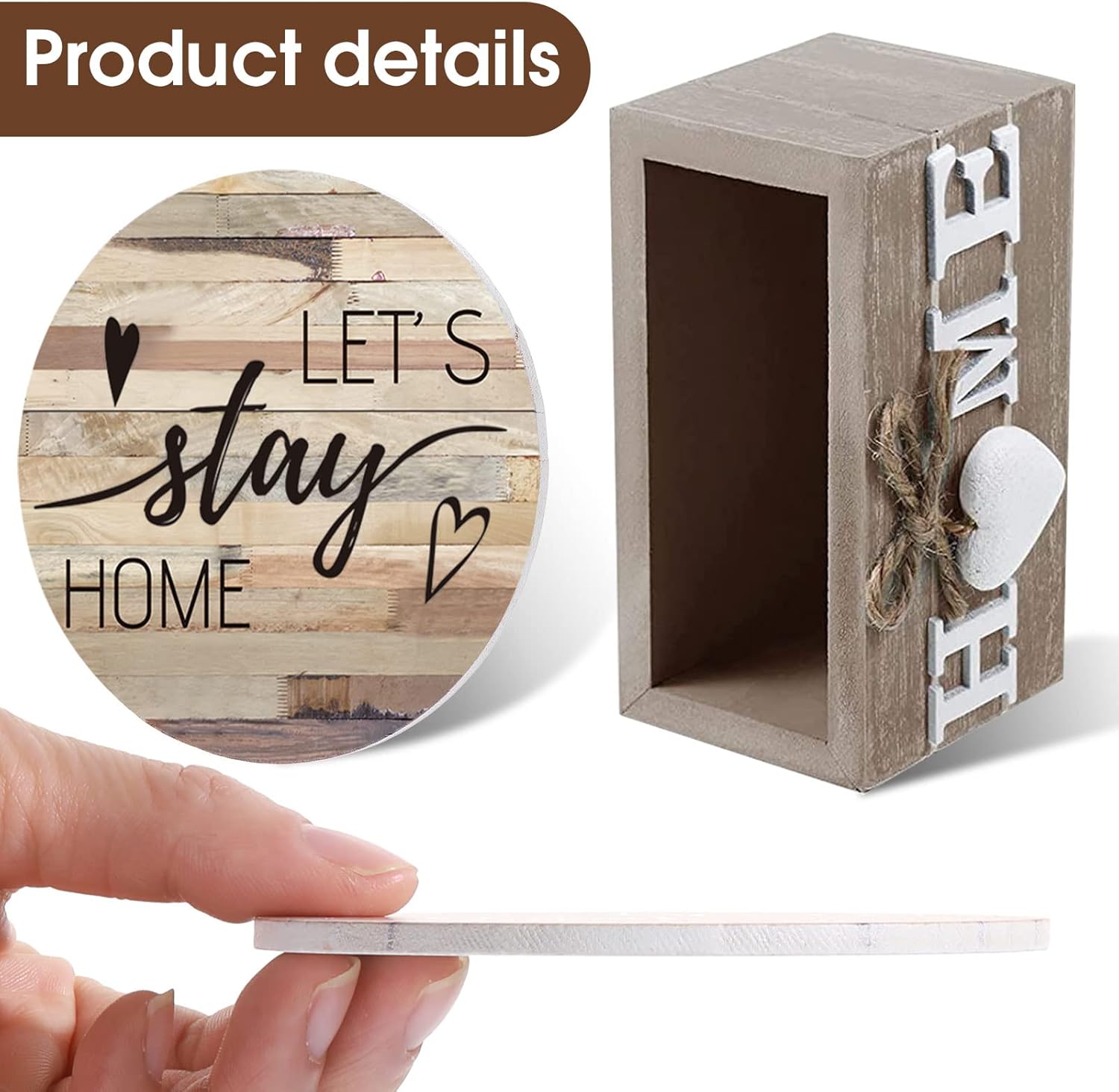 Queekay Coasters Set of 6 House Warming Gifts New Home Wooden Farmhouse Drink Coasters with Holder 4 Funny Decoration for Kitchen Family Coffee Bar Tabletop Protection(Farmhouse Color)