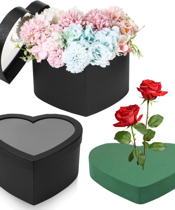 Nuenen Heart Shaped Flower Gift Boxes, Valentine's Day Floral Gift Box with Lids Floral Foam Clear Cellophane 9.8 x 9 x 5 Inches for Birthday Wedding Proposal Packaging Arrangements(Black)