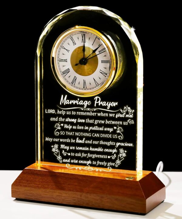 Glass Clock Wedding Gifts for Couples 2025 with Wooden Light Base, Happy Anniversary Marriage Prayer Gift with Inspiring Quotes, Unique Newlywed Mr and Mrs Gifts, Engagement Presents for Home