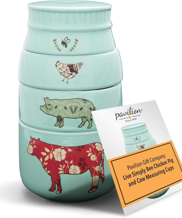 Pavilion Gift Company - 'Live Simply Bee, Chicken, Pig, and Cow' - 4-Piece Stoneware Measuring Cups Set, Sturdy Farmhouse-Style Kitchenware for Home Baking, Cooking, Gifting - Teal, 8 Ounces