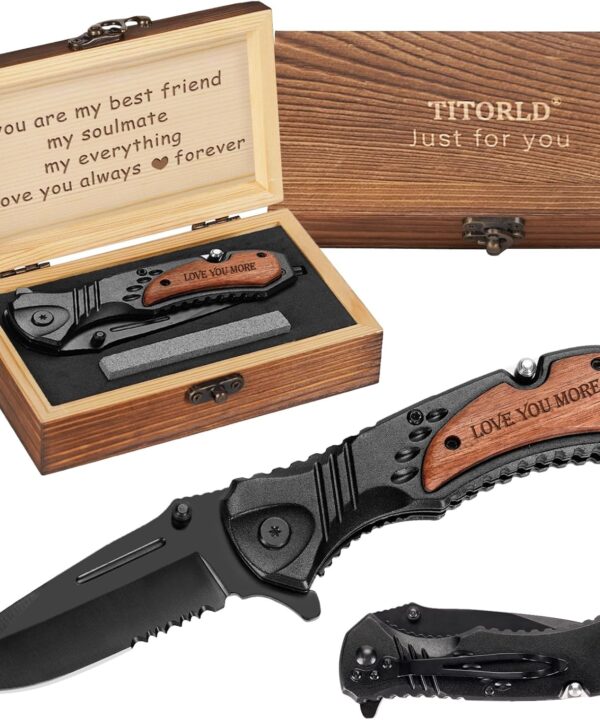 Gifts for Him Husband Men Valentines Day, Anniversary Birthday Gifts ideas for Boyfriend, Engraved Pocket Knife, Wooden Handle Folding Knife with Wood Box, Unique Outdoor Camping Hunting Fishing Tool