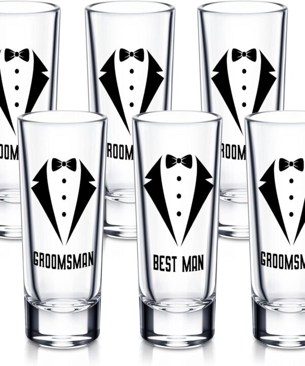 Rtteri 6 Pcs Wedding Shot Glasses Set 1 Best Man 5 Groomsmen Shot Glasses Wedding Party Favors Glasses Bachelor Party Favors Groomsman Gifts Bachelor Party Decorations for Proposal Men,2 oz