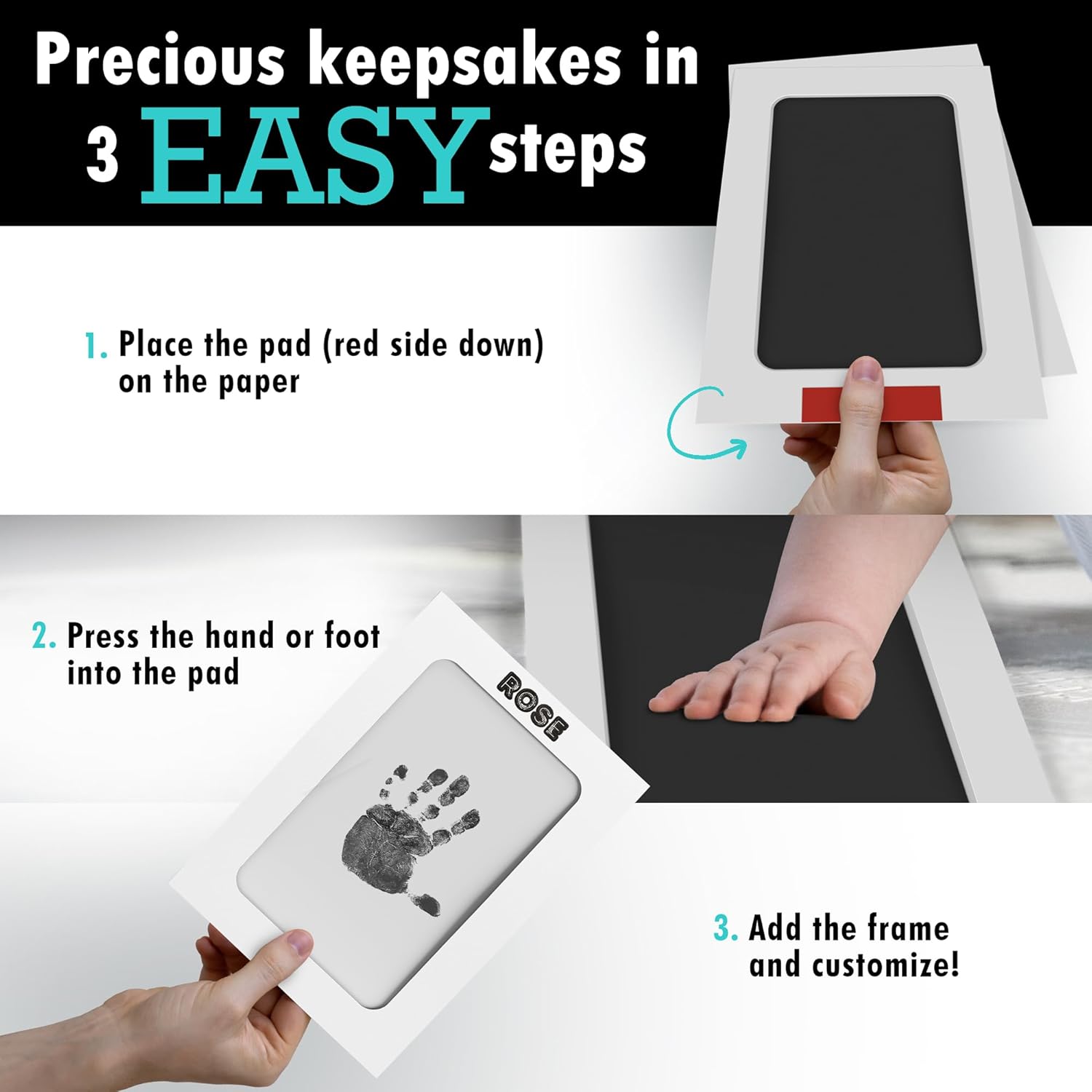 Baby Ink Hand & Footprint Kit | 2 Inkless Stamp Pads, 4 Art Cards, 3 Frames, Stickers & Magnets for Baby Shower, Registry, Newborn, New Mom Gifts