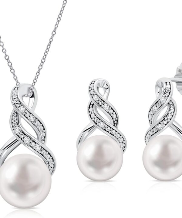 Real Diamond Sterling Silver Pearl Necklace and Earring Set | Hypoallergenic Real Cultured Freshwater Pearl Jewelry Set with 18 Inch Silver Chain | Diamond Bridal Bridesmaid Set for Women with Gift Box by MAX + STONE