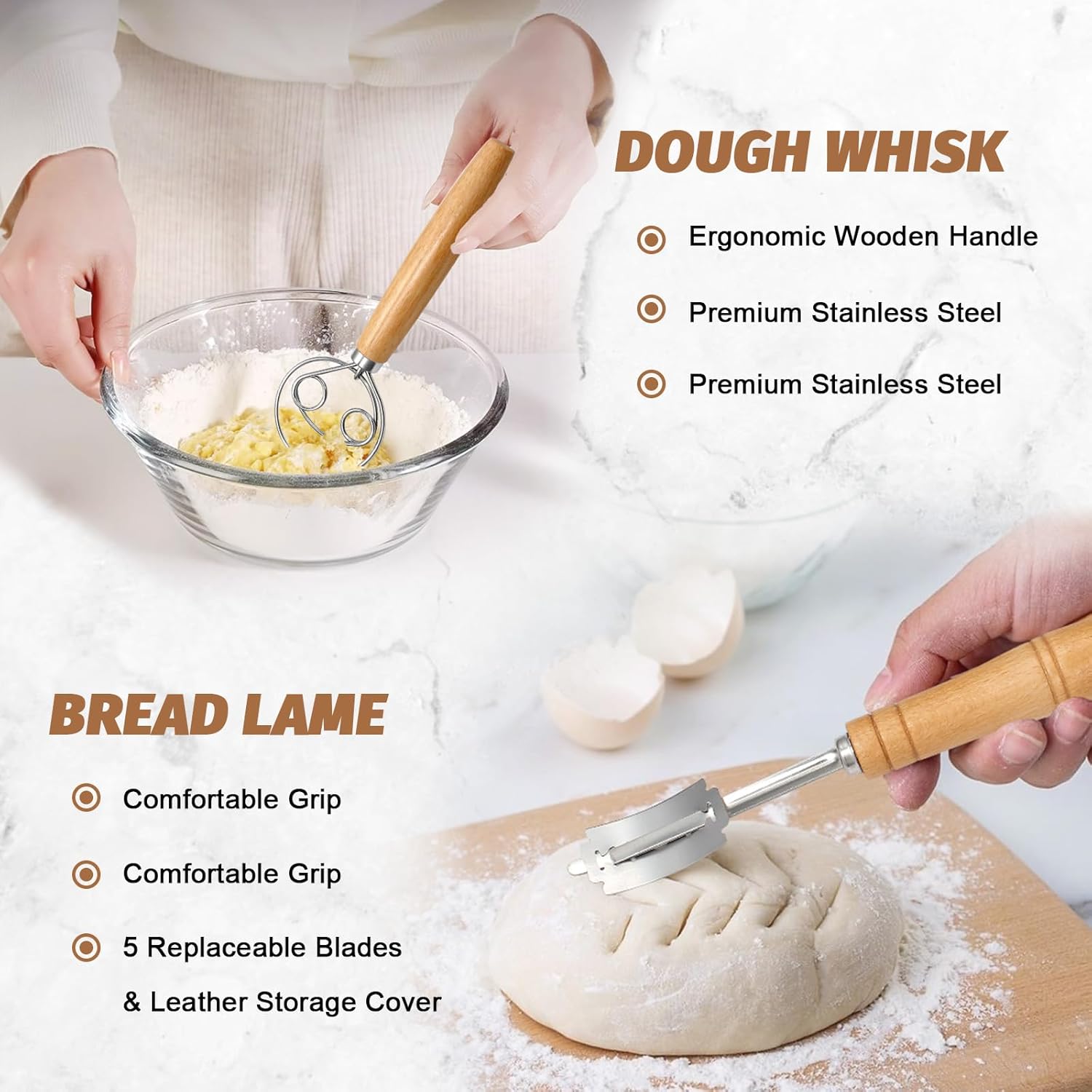 Sourdough Proofing Basket Gift Set, 9 Round and 10 Oval Banneton Bread Baking Supplies, Sourdough Baskets with Bread Lame, Danish Whish, Bowl Scraper, Sourdough Scraper, and Linen Liners