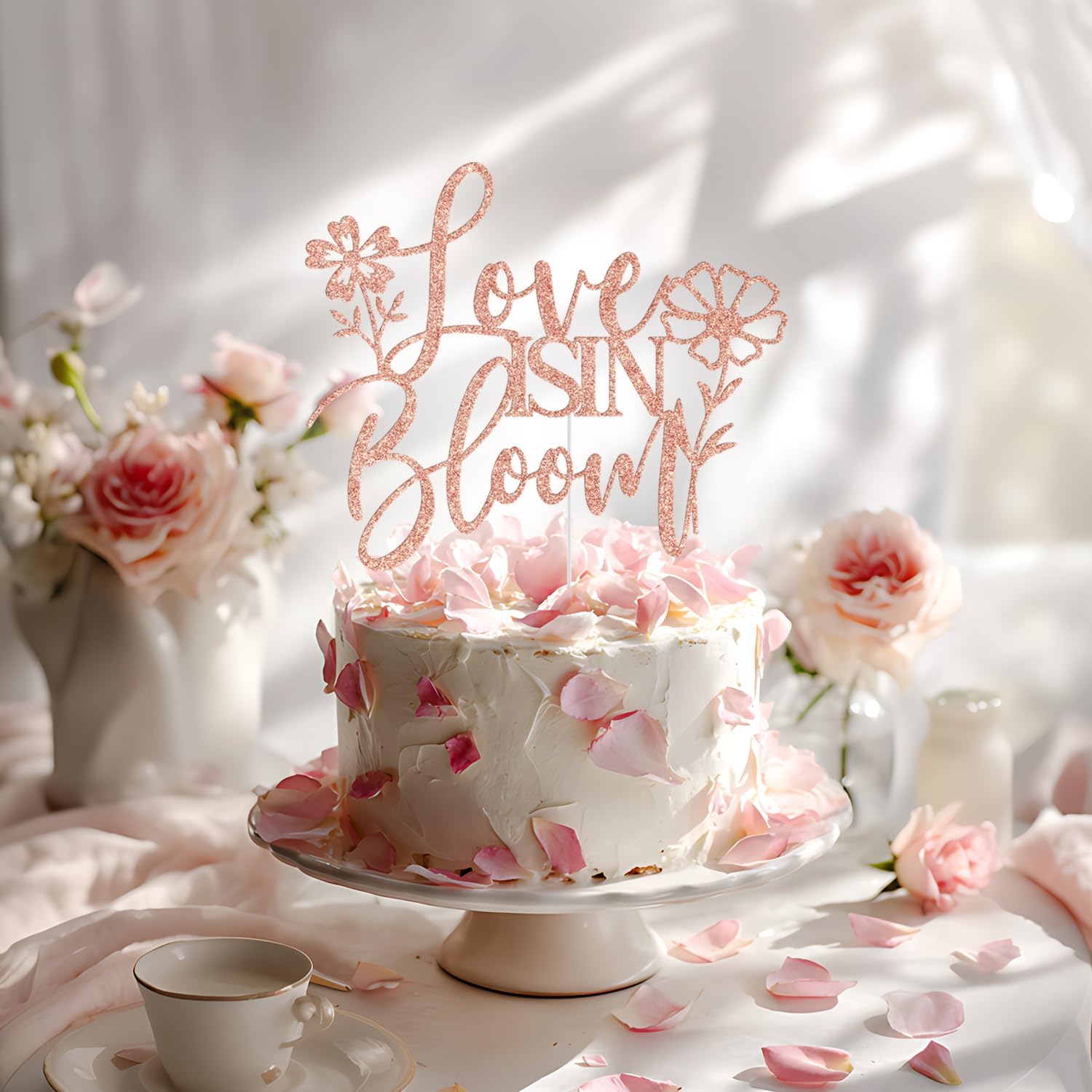 Love is in Bloom Cake Topper, Floral Bridal Shower Cake Decorations, Wildflower Floral Flower Themed Wedding Engagement Bachelorette Party Decorations, Rose Gold Glitter