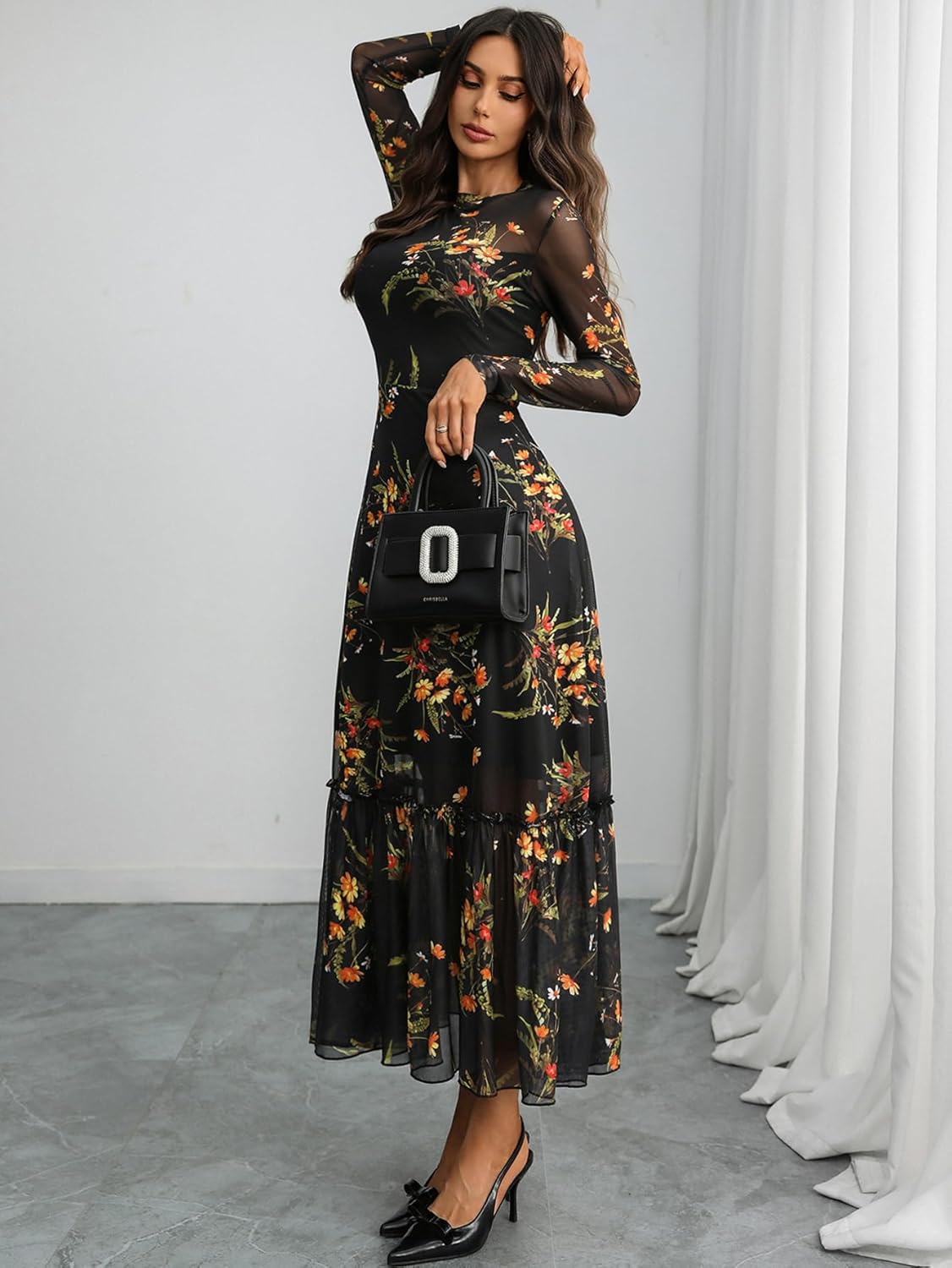 GothDark Womens Floral Mesh Dress Long Sleeve Round Neck A Line Gothic Vintage Casual Wedding Guest Maxi Dresses