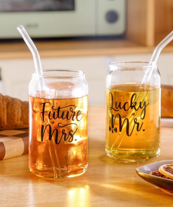 Nefelibata Engagement Gifts for Couples, Future Mrs. Lucky Mr. Beer Can Glasses Set of 2, Unique Wedding Engagement Gifts for Bride Groom Her Him Women, 16oz Coffee Cocktail Drinking Cups