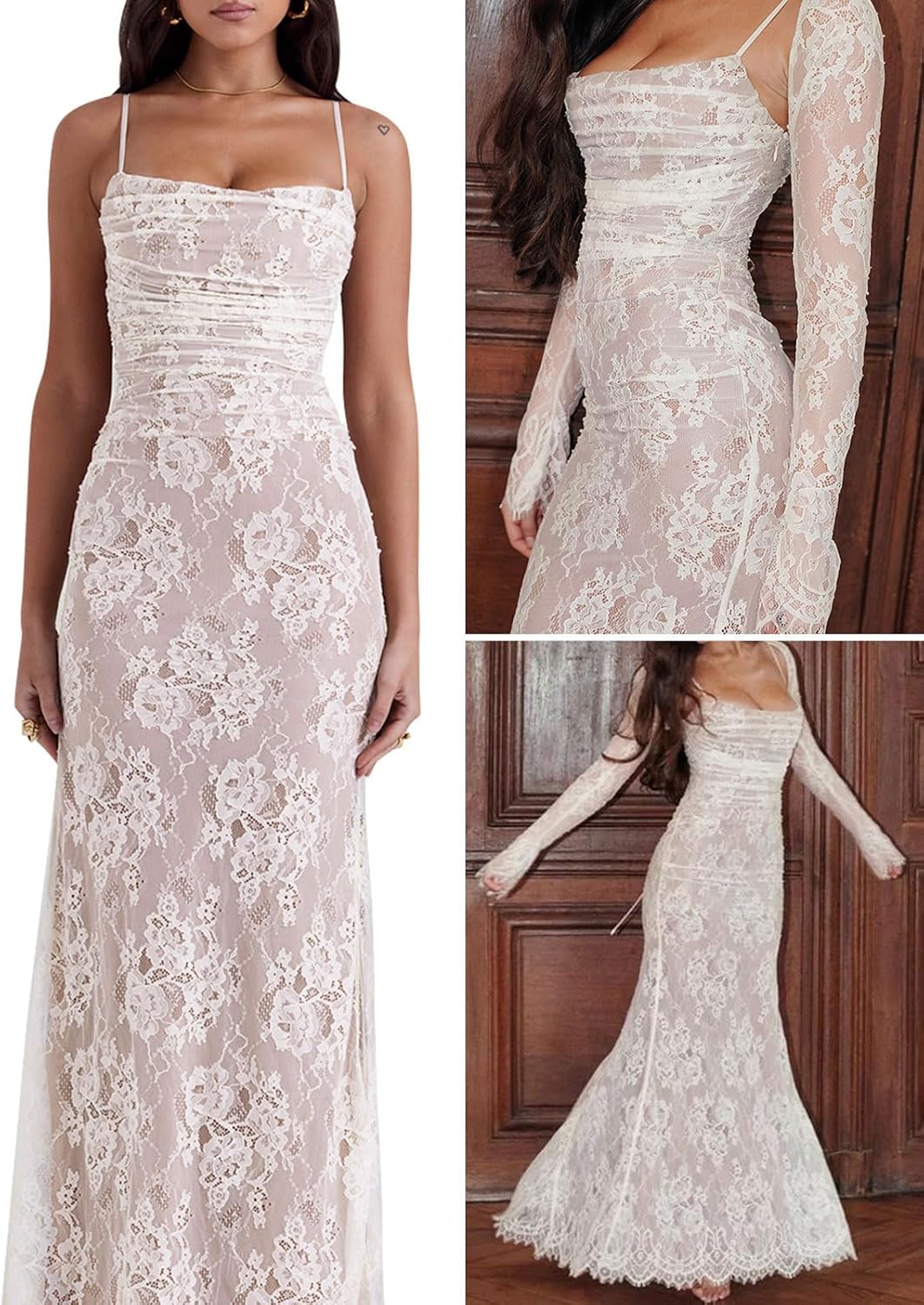 Women Cami Lace Maxi Dress Romantic Long Sleeve Lace Bodycon Dresses Elegant