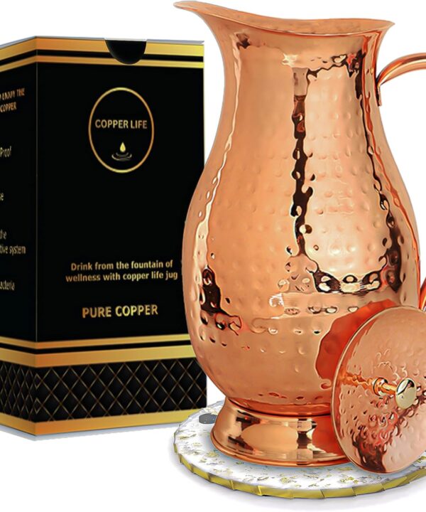 Pure Copper Water Pitcher 70 Ounces | Handmade Hammered Large Jug with Lid | Unlined Uncoated Chemical Free for Ayurveda Health Benefits | Decorative & Functional  Vintage Style for Home & Gifting