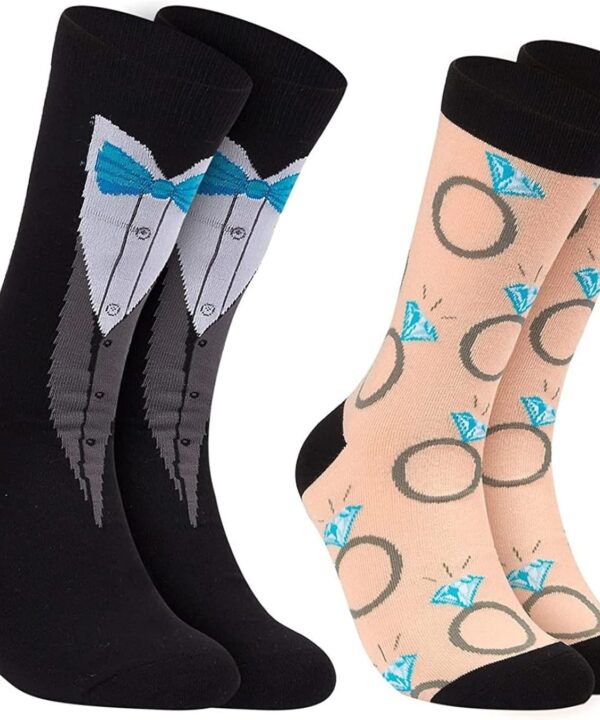 Toe-Tally Sox 2 Pairs Bride and Groom Wedding Socks - Novelty Tuxedo and Diamond Ring Designs, One Size